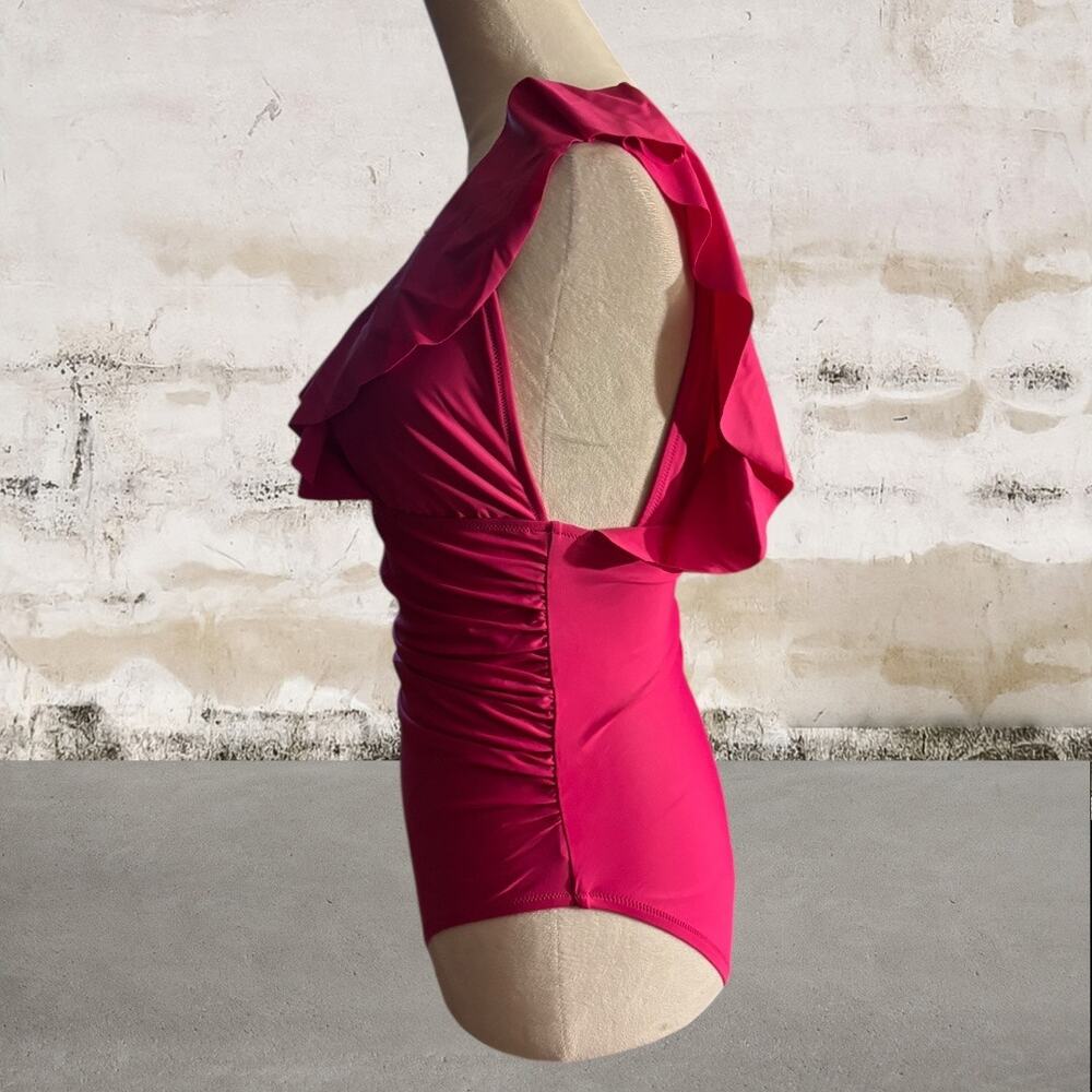 J. Crew Women's Pink Ruched Ruffle One-Piece Swimsuit Size 4 - Picture 3 of 6